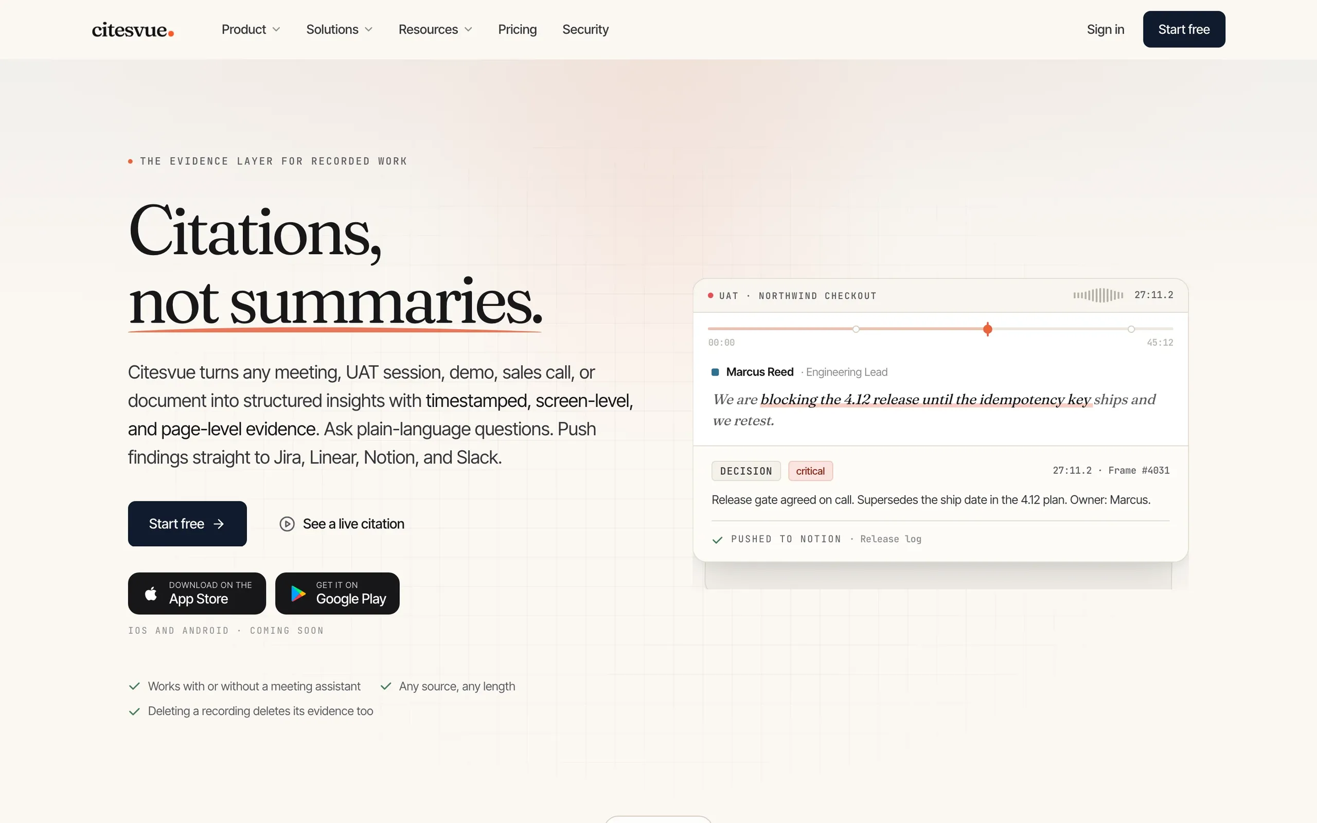 The Citesvue website: “Citations, not summaries.”, beside a finding cited to a speaker, a timestamp and a video frame.