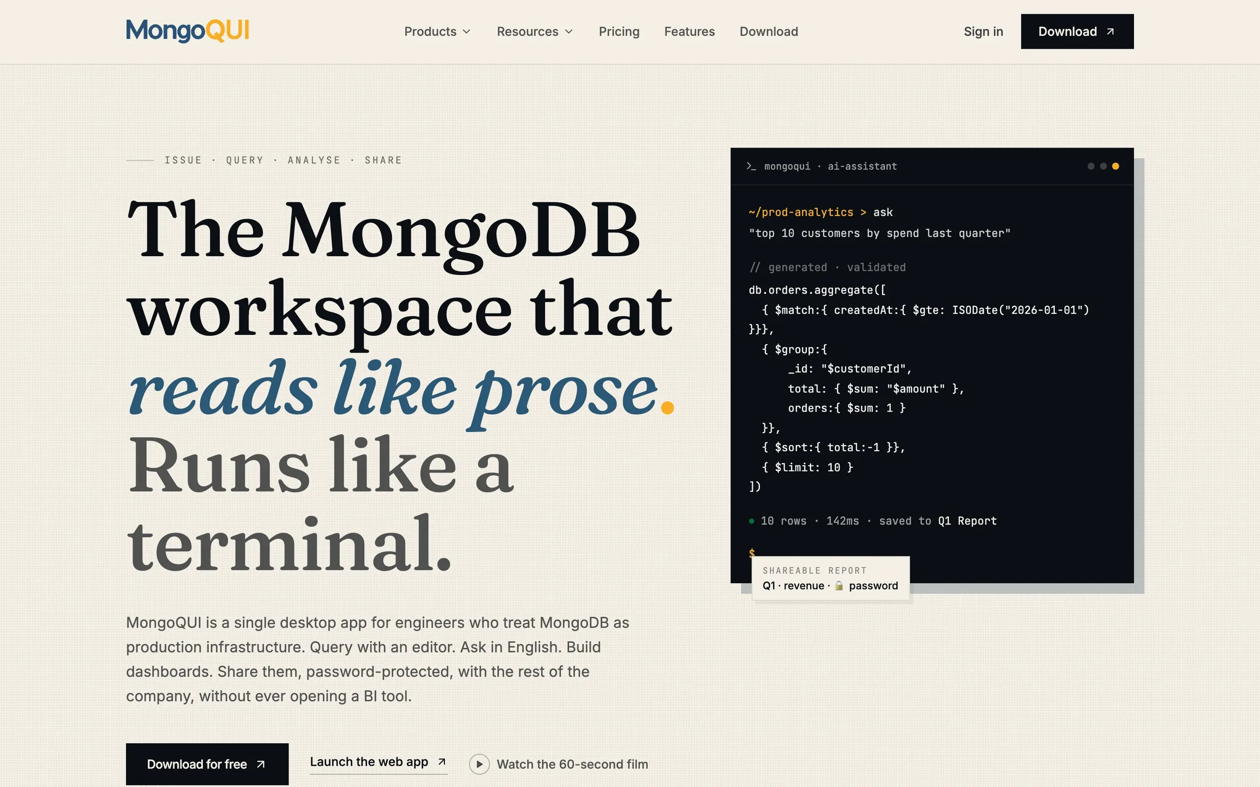 The MongoQUI website: “The MongoDB workspace that reads like prose. Runs like a terminal.”, beside an AI assistant generating an aggregation query.