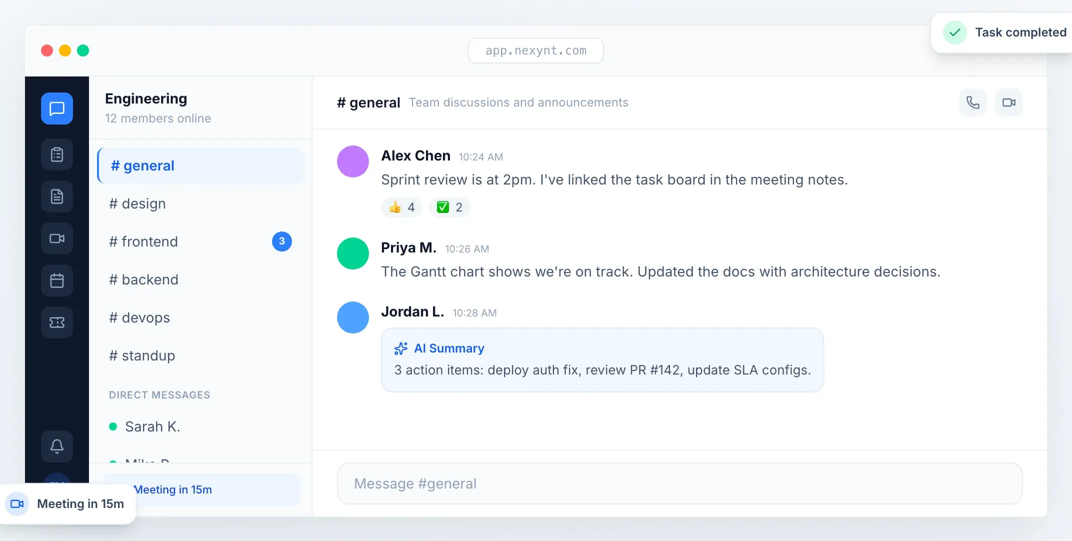 Nexynt’s workspace: an engineering team’s channel list beside a conversation with an AI summary of action items.