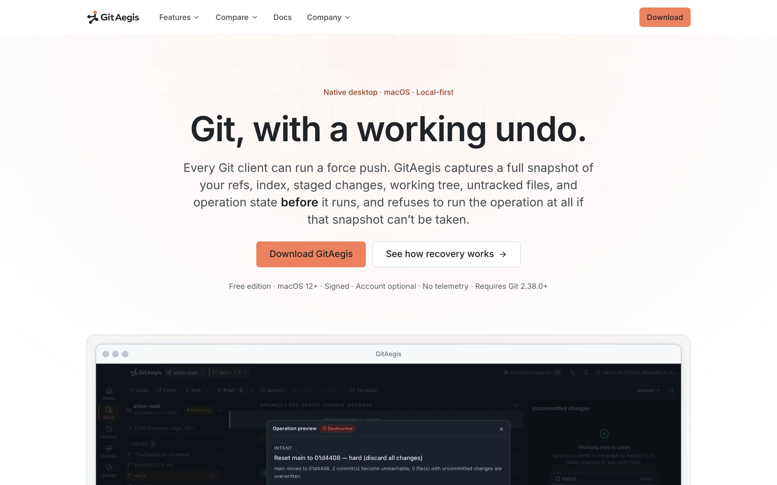 The GitAegis website: “Git, with a working undo.”, above a screenshot of the app’s operation preview.