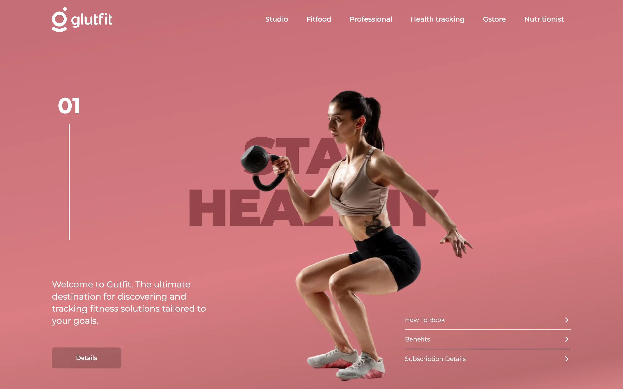 The Glutfit website: an athlete mid-squat with a kettlebell over the words “Stay healthy”, with links to booking, benefits and subscriptions.