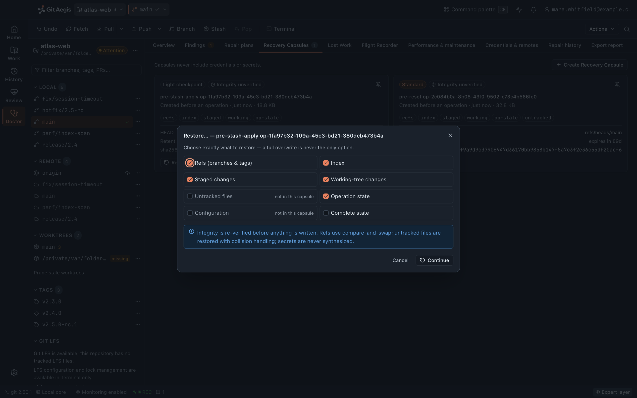GitAegis restore dialog: choosing which parts of a recovery capsule to restore (refs, index, staged and working-tree changes, and operation state), with integrity re-verified before anything is written.