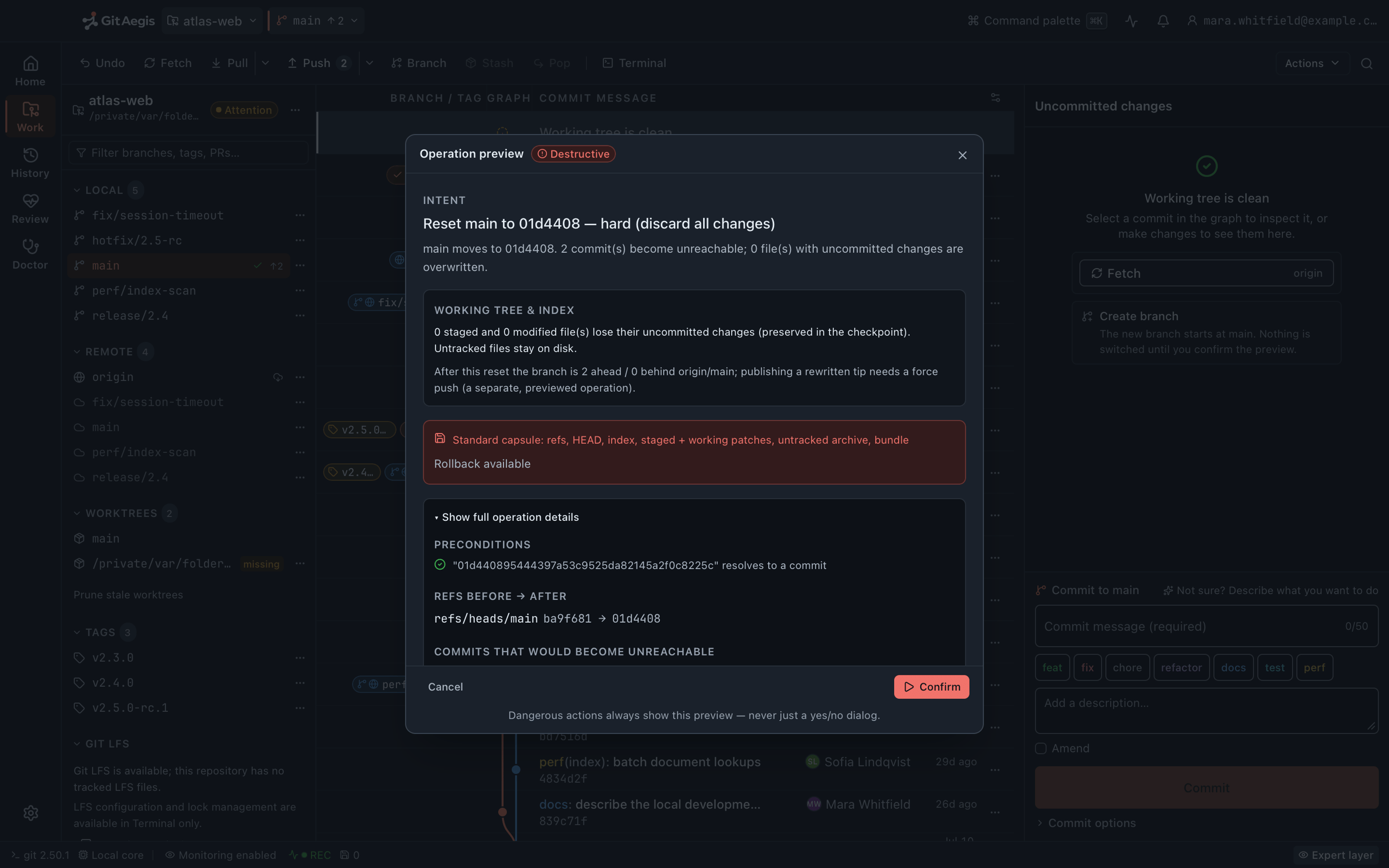 GitAegis operation preview for a hard reset: intent, effect on the working tree, the recovery capsule to be written and a confirm button.