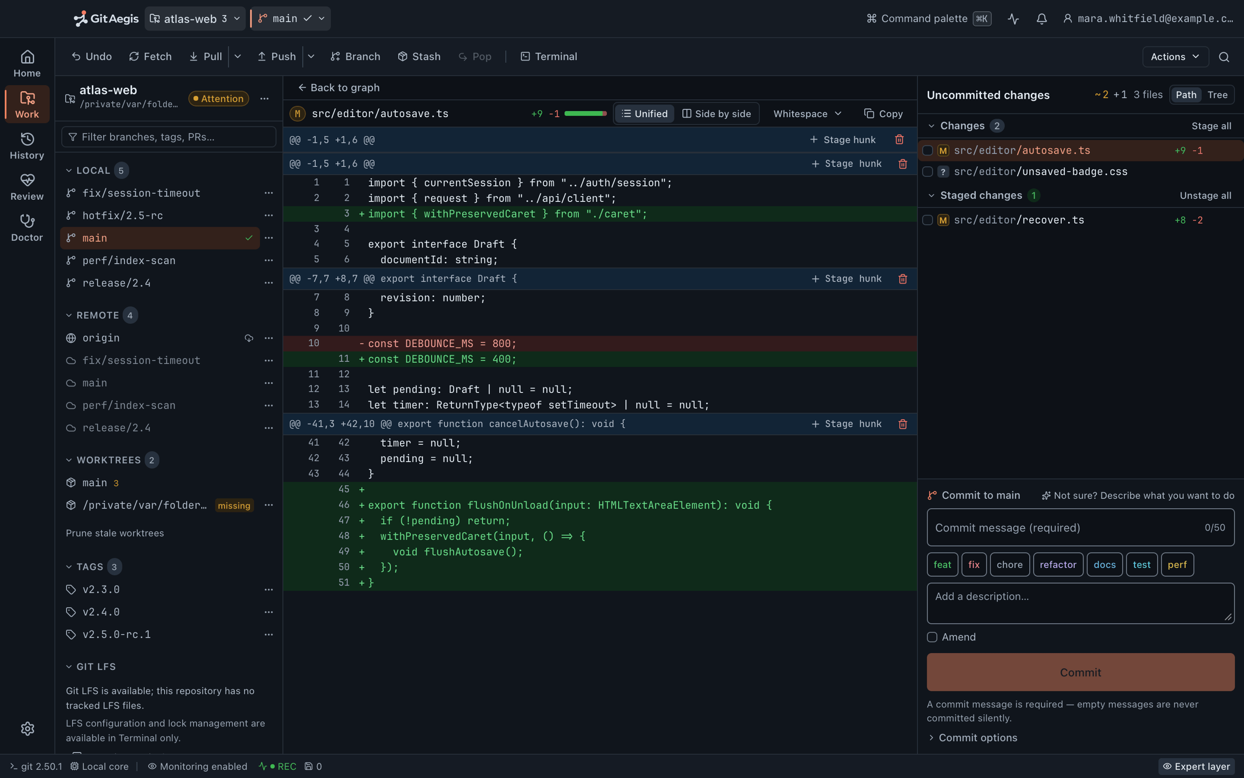 GitAegis workspace: a unified diff of an edited file beside the branch list and the commit panel.