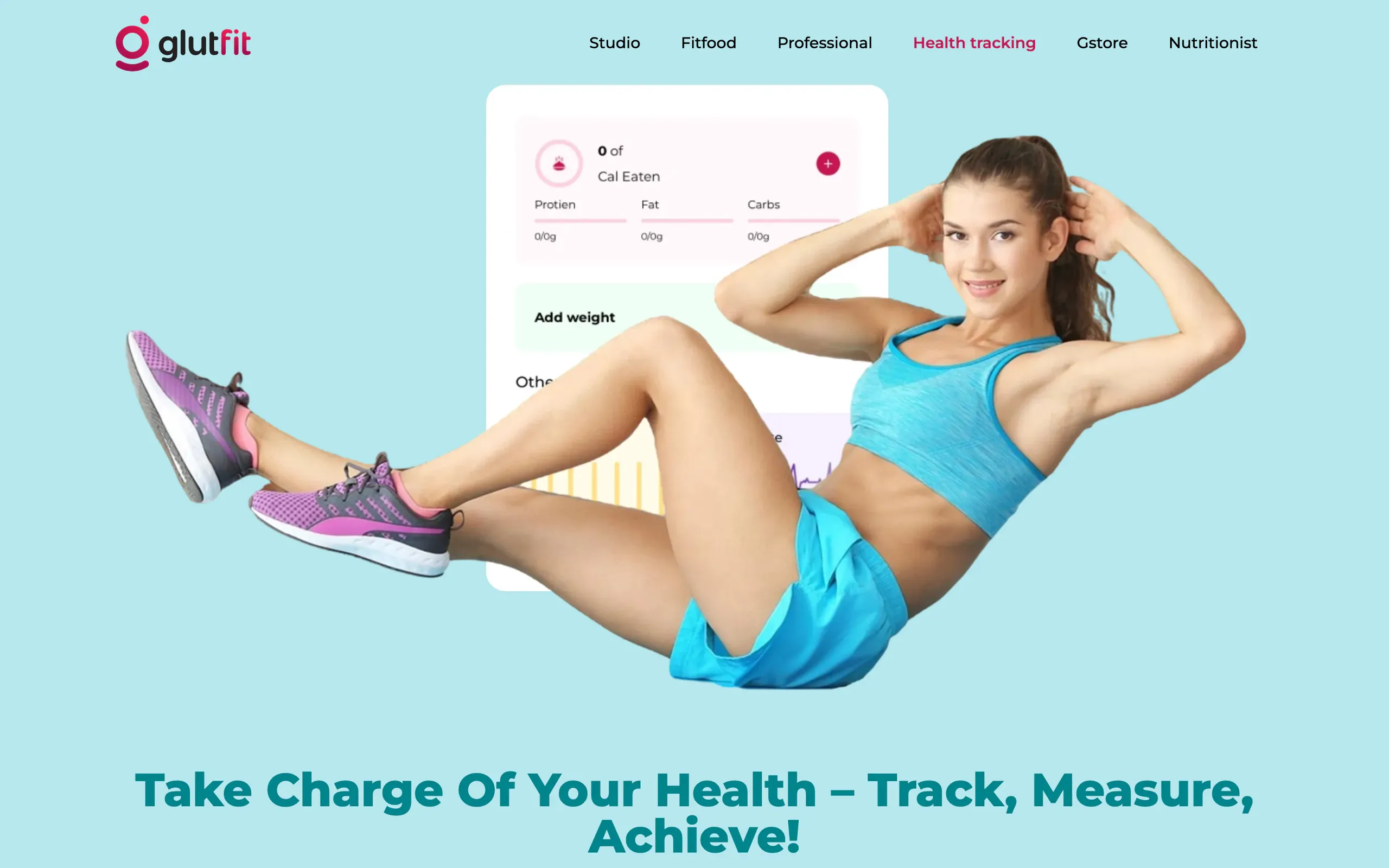 Glutfit’s health-tracking page: “Take charge of your health: track, measure, achieve”.