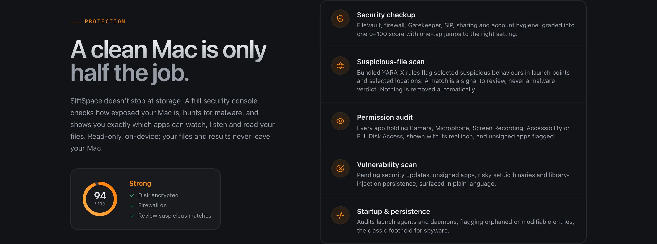 SiftSpace’s security console: a posture score beside the security checkup, suspicious-file scan, permission audit, vulnerability scan and startup audit.